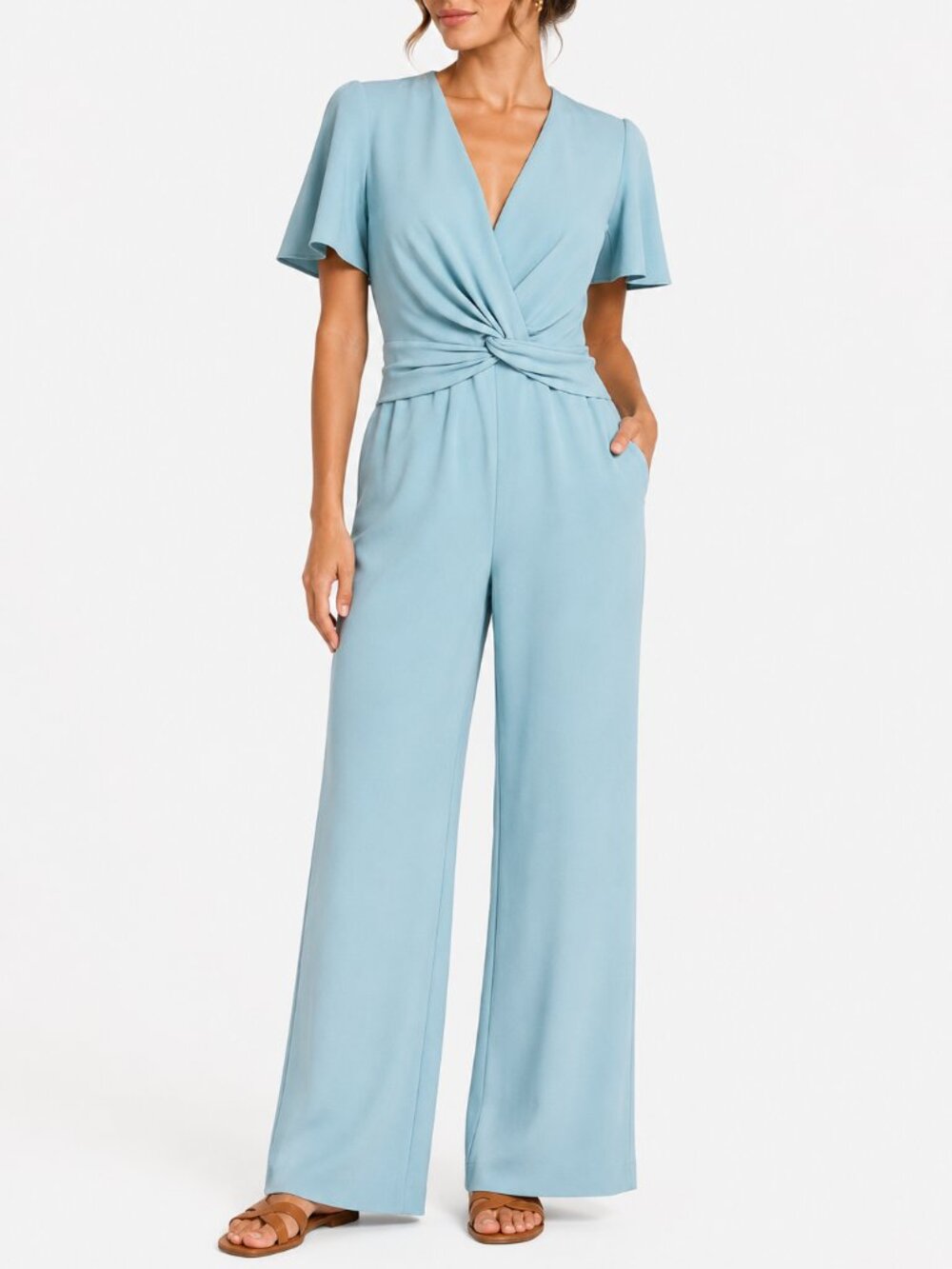 Maggy London G6023M Scuba Crepe Wide Leg Jumpsuit Milky Blue Twist Waist Size 0